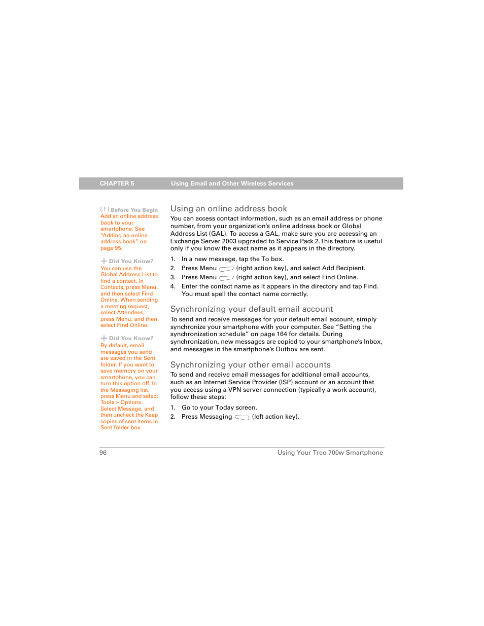 Using an online address book, Synchronizing your default email account, Synchronizing your other email accounts | Palm Treo 700w User Manual | Page 104 / 290