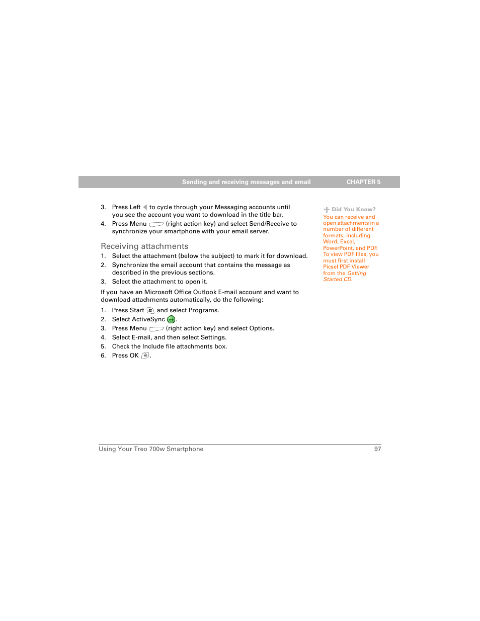 Receiving attachments | Palm Treo 700w User Manual | Page 105 / 290