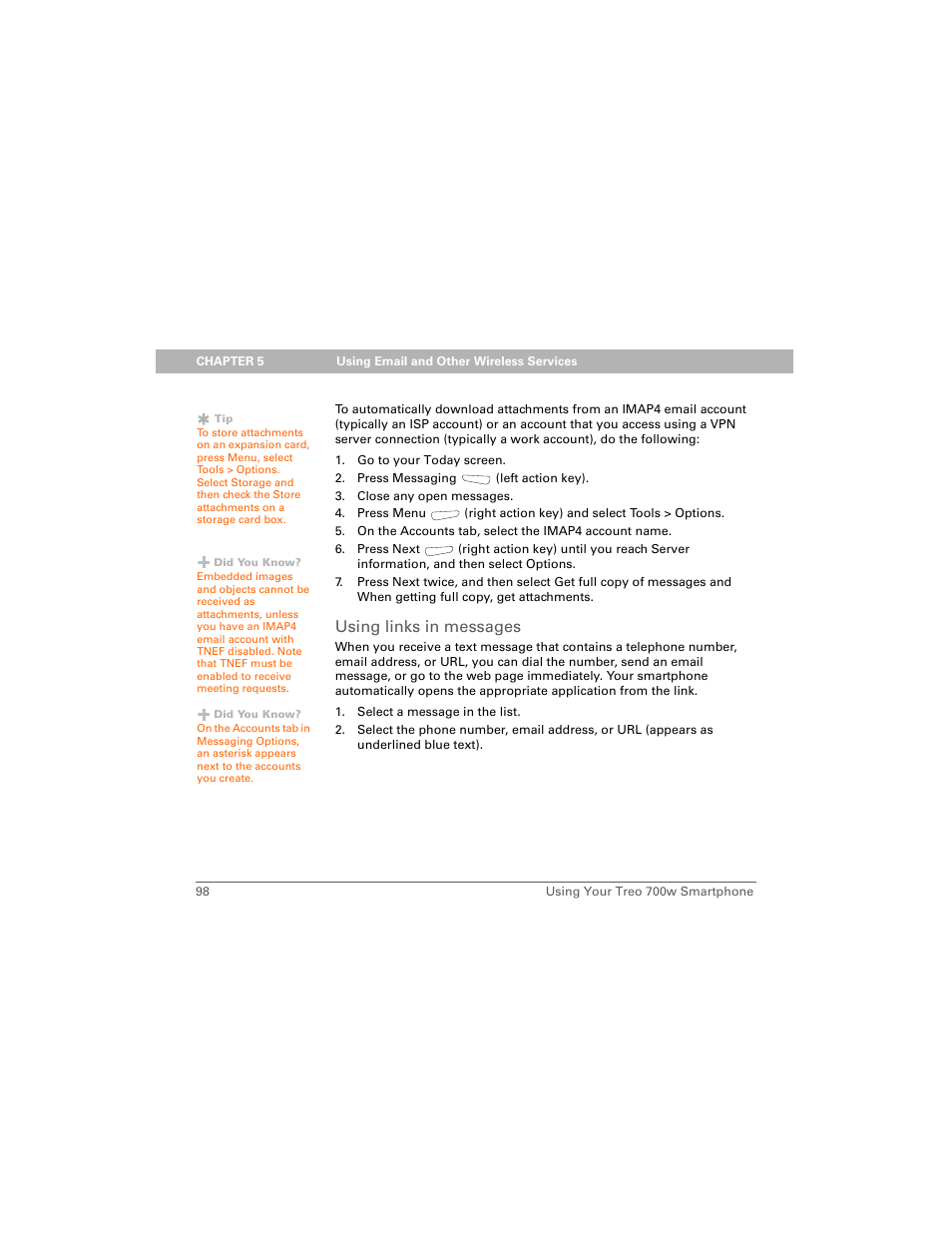 Using links in messages | Palm Treo 700w User Manual | Page 106 / 290