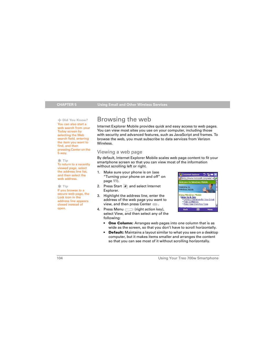 Browsing the web, Viewing a web page | Palm Treo 700w User Manual | Page 112 / 290