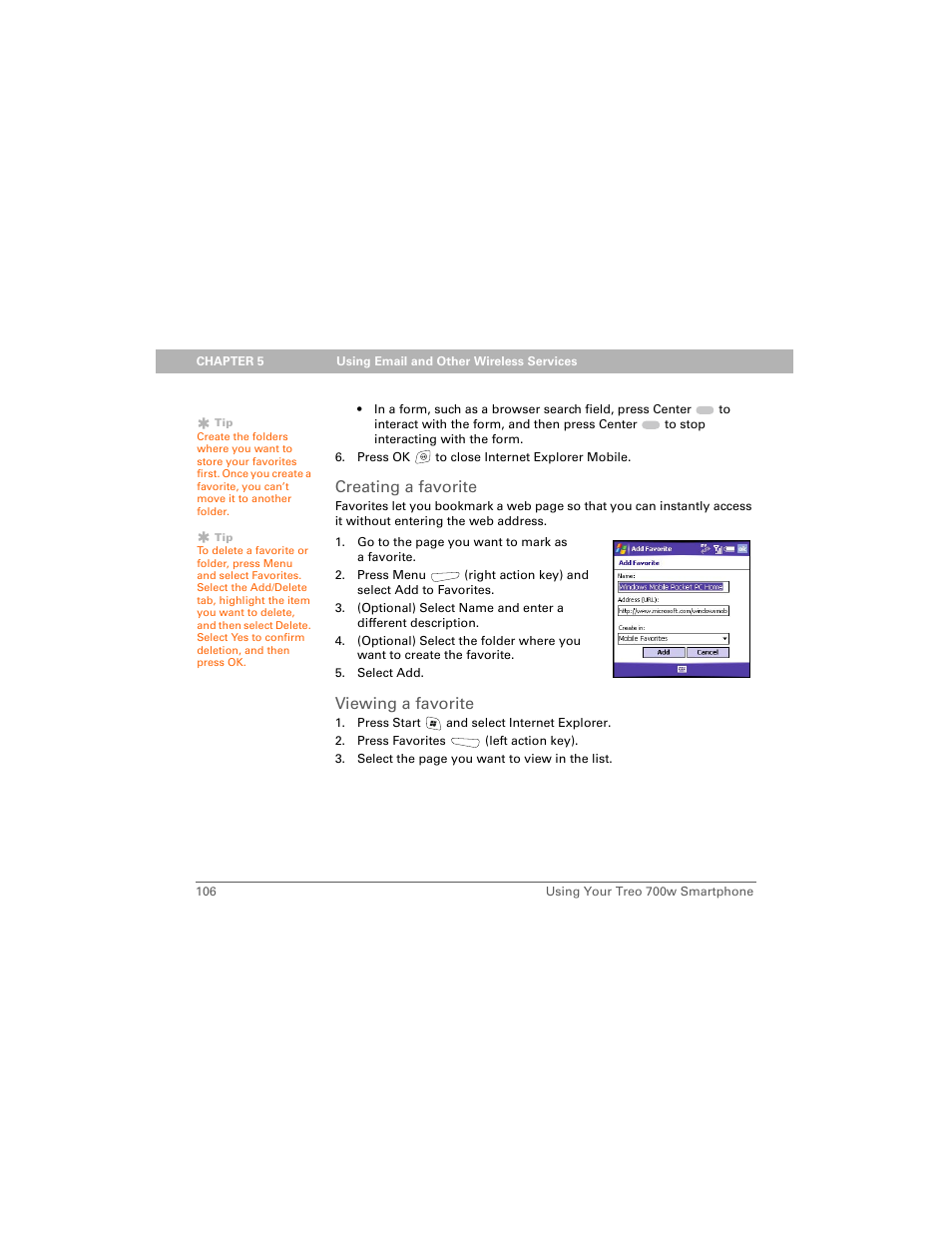 Creating a favorite, Viewing a favorite | Palm Treo 700w User Manual | Page 114 / 290