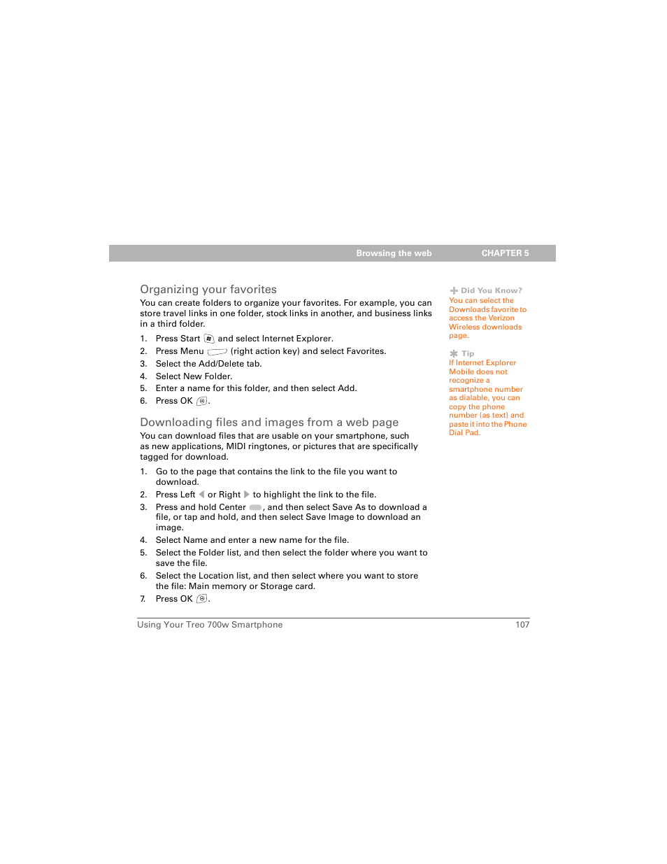Organizing your favorites, Downloading files and images from a web page | Palm Treo 700w User Manual | Page 115 / 290