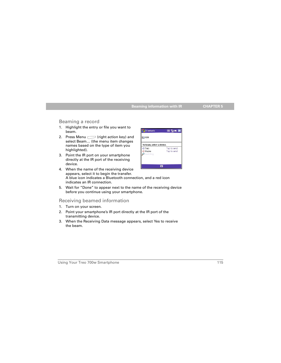 Beaming a record, Receiving beamed information | Palm Treo 700w User Manual | Page 123 / 290