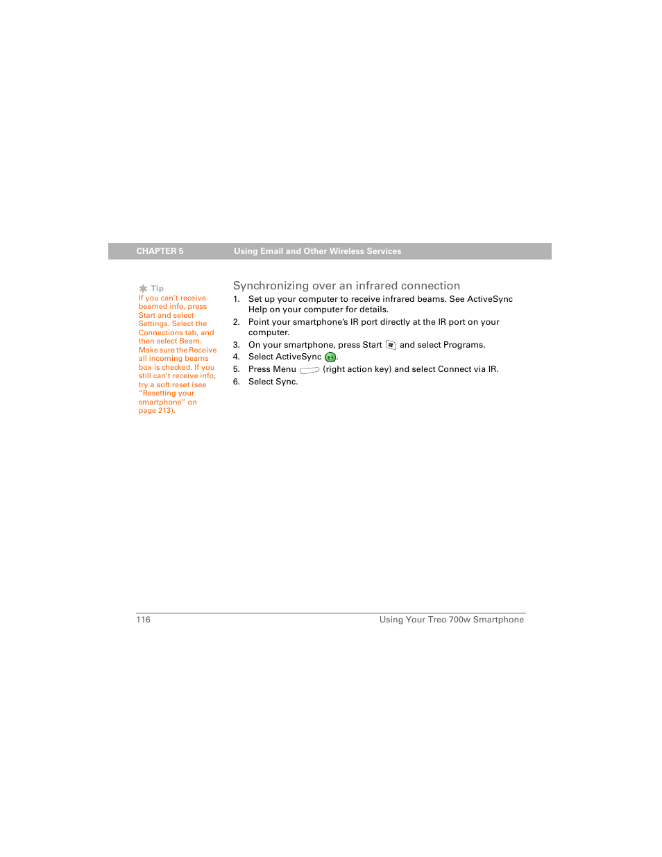 Synchronizing over an infrared connection | Palm Treo 700w User Manual | Page 124 / 290