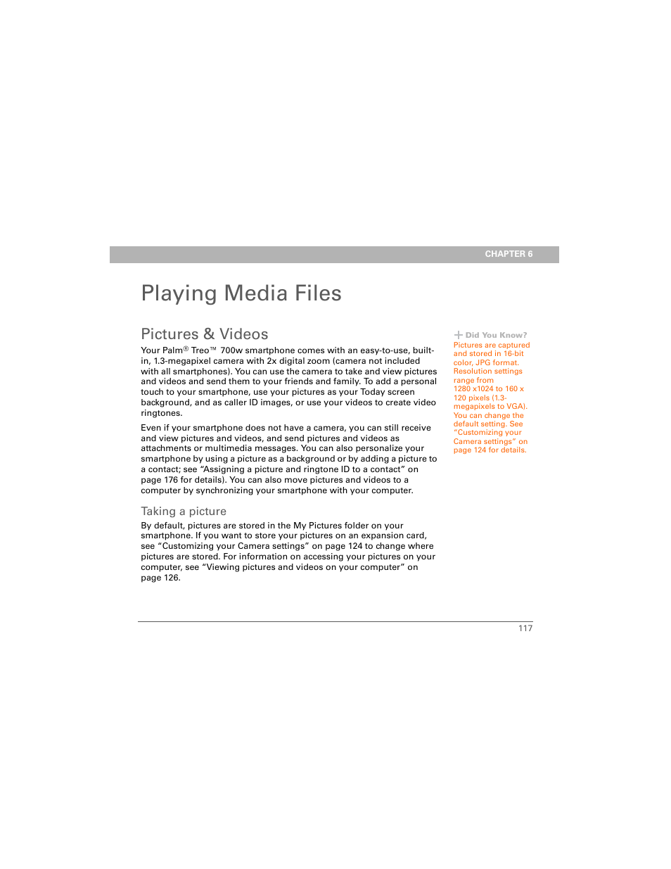 Playing media files, Pictures & videos, Taking a picture | Chapter 6: playing media files | Palm Treo 700w User Manual | Page 125 / 290