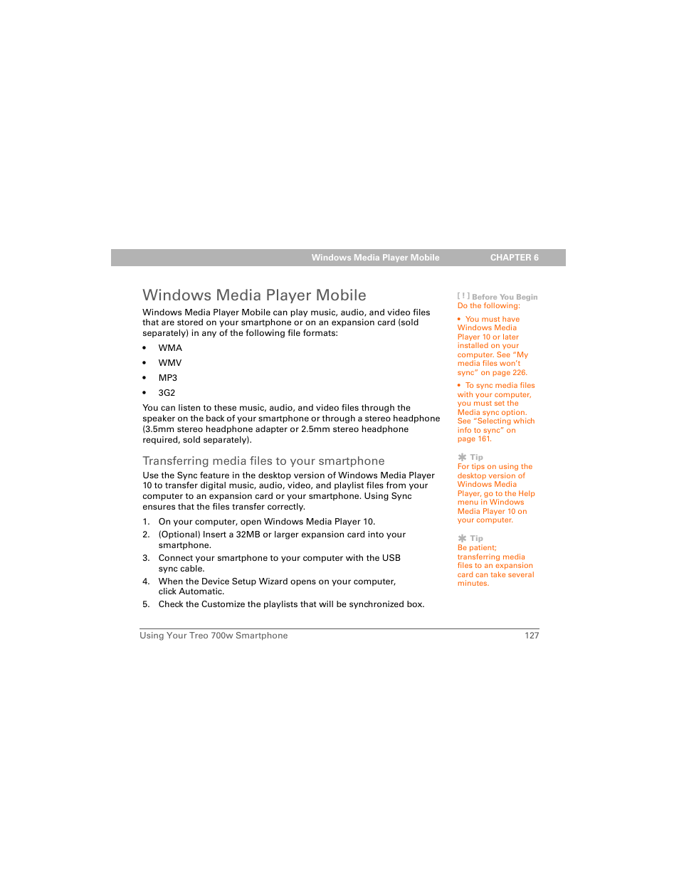 Windows media player mobile, Transferring media files to your smartphone | Palm Treo 700w User Manual | Page 135 / 290