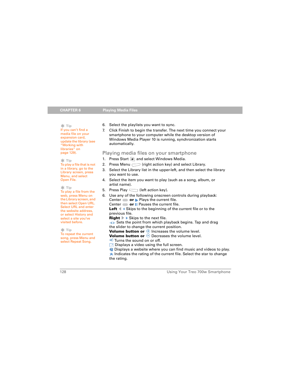 Playing media files on your smartphone | Palm Treo 700w User Manual | Page 136 / 290