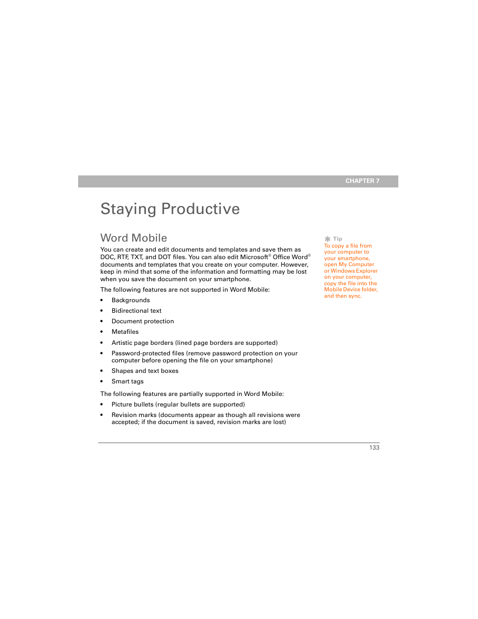 Staying productive, Word mobile, Chapter 7: staying productive | Palm Treo 700w User Manual | Page 141 / 290