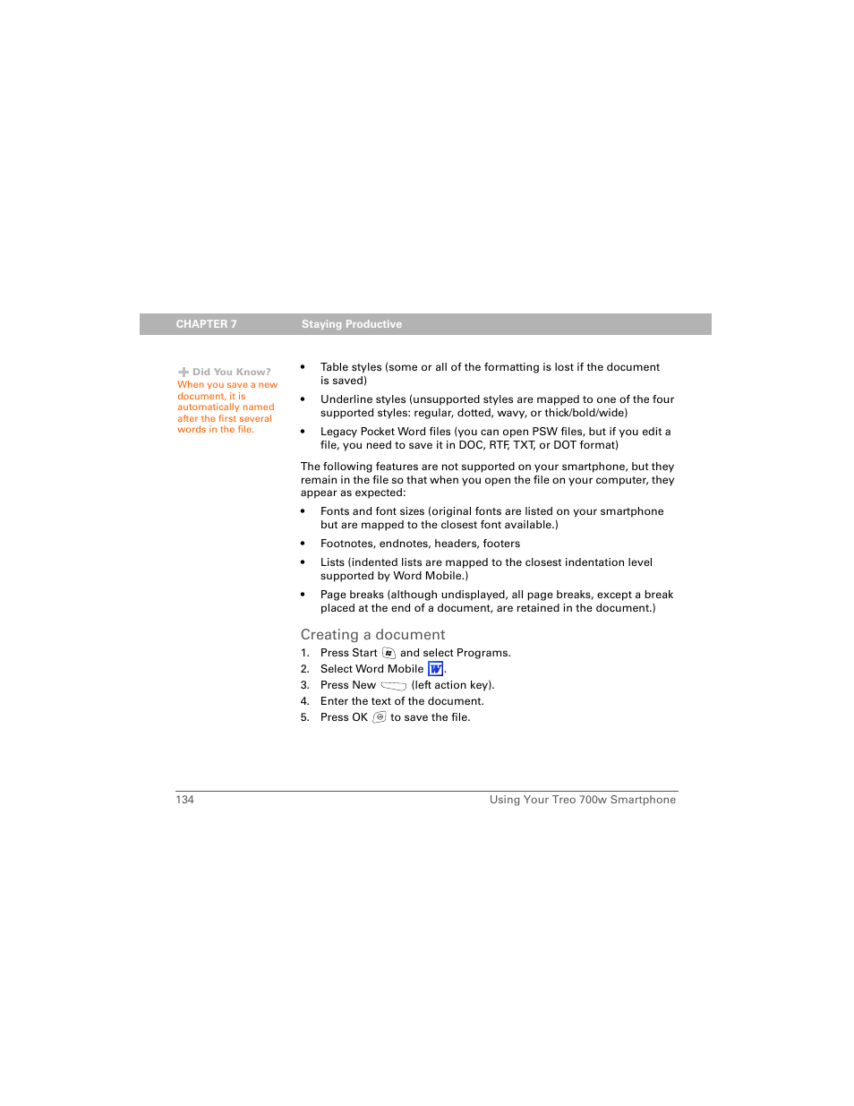Creating a document | Palm Treo 700w User Manual | Page 142 / 290