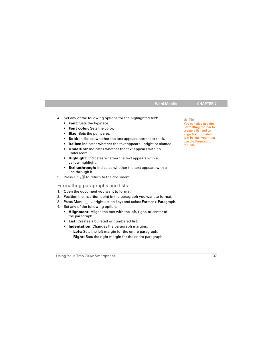 Formatting paragraphs and lists | Palm Treo 700w User Manual | Page 145 / 290