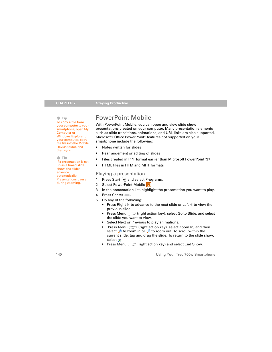 Powerpoint mobile, Playing a presentation | Palm Treo 700w User Manual | Page 148 / 290