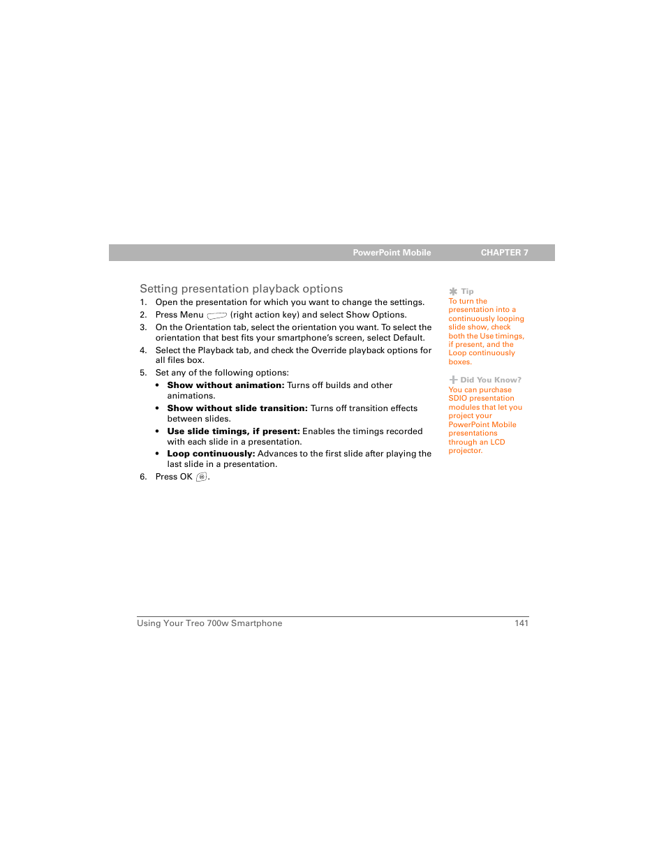 Setting presentation playback options | Palm Treo 700w User Manual | Page 149 / 290