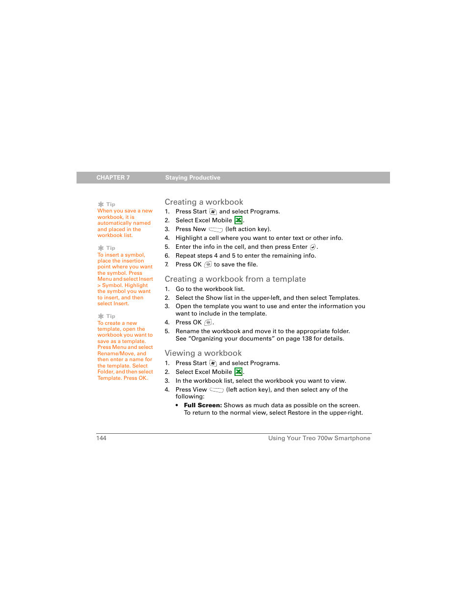 Creating a workbook, Creating a workbook from a template, Viewing a workbook | Palm Treo 700w User Manual | Page 152 / 290