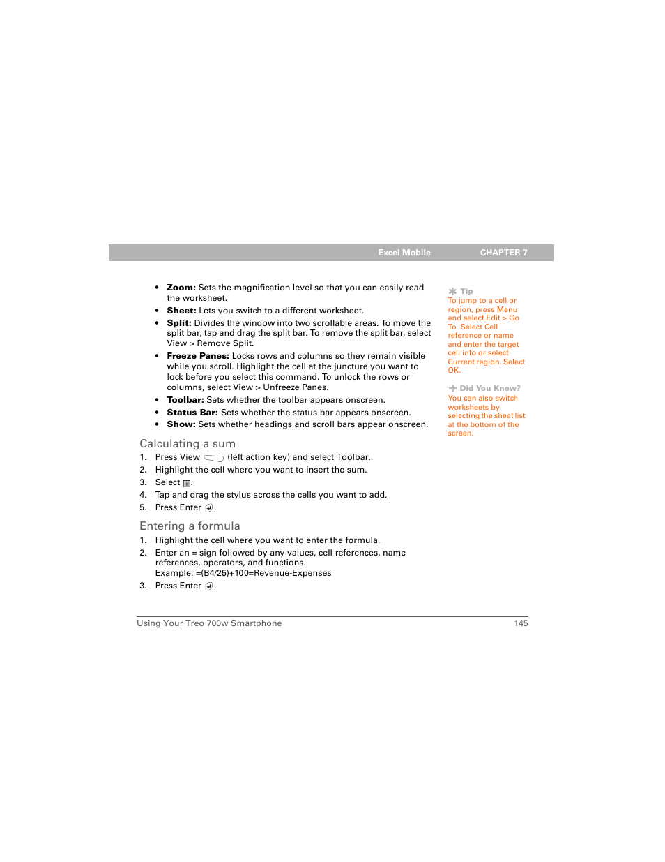 Calculating a sum, Entering a formula | Palm Treo 700w User Manual | Page 153 / 290