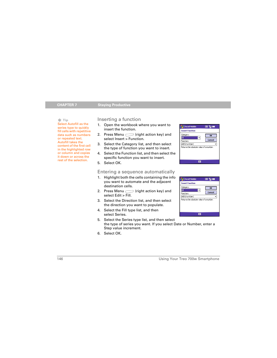 Inserting a function, Entering a sequence automatically | Palm Treo 700w User Manual | Page 154 / 290