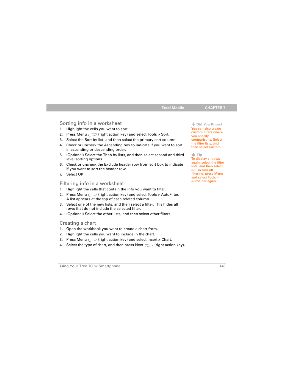 Sorting info in a worksheet, Filtering info in a worksheet, Creating a chart | Palm Treo 700w User Manual | Page 157 / 290