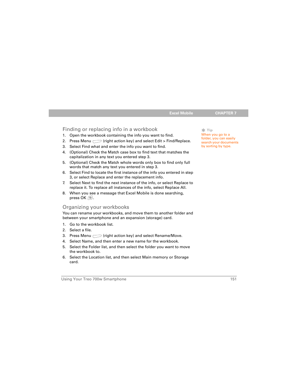 Finding or replacing info in a workbook, Organizing your workbooks | Palm Treo 700w User Manual | Page 159 / 290