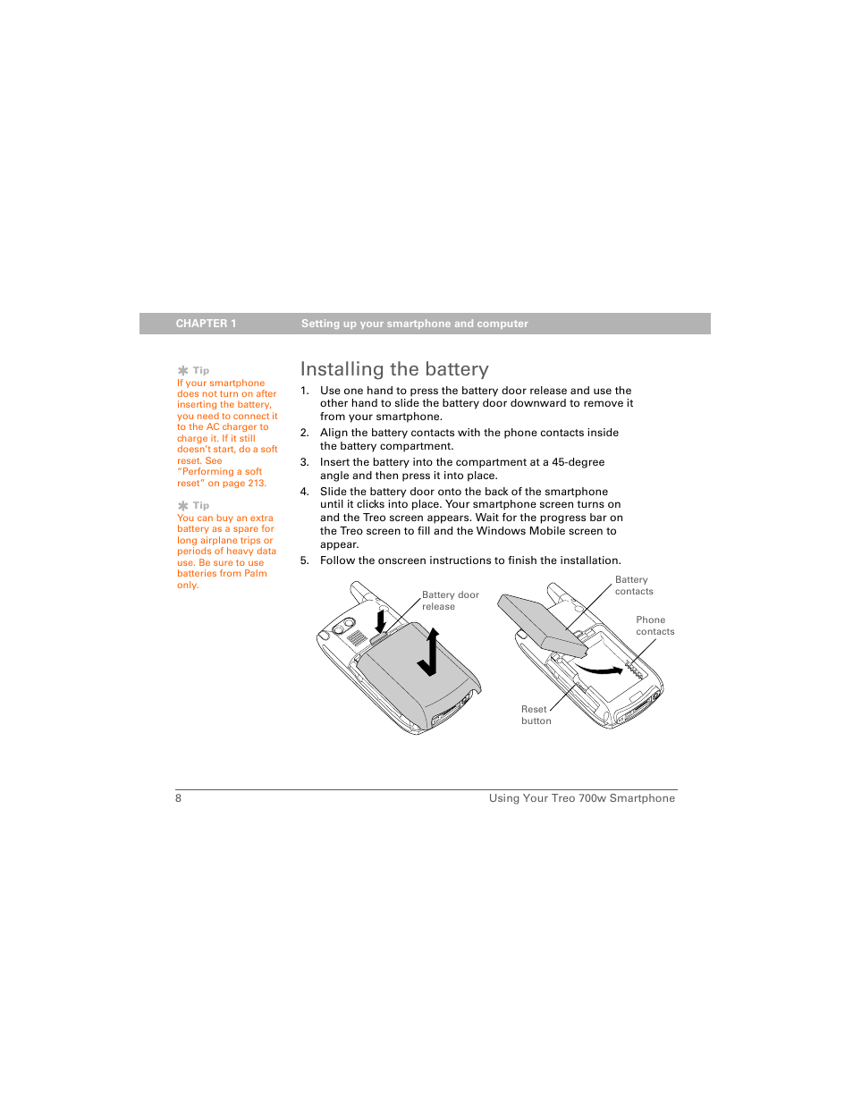 Installing the battery | Palm Treo 700w User Manual | Page 16 / 290