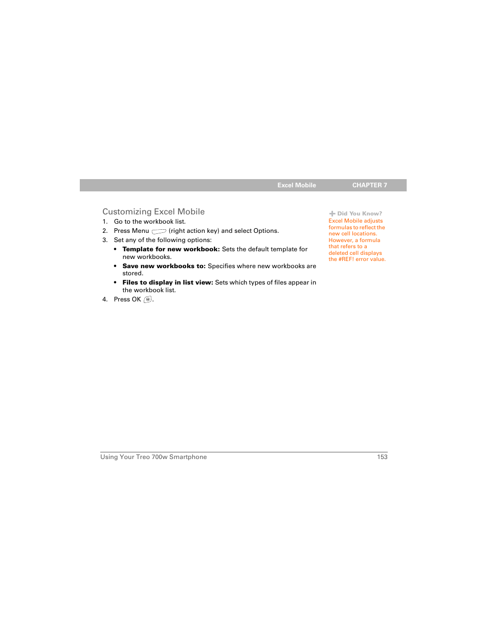 Customizing excel mobile | Palm Treo 700w User Manual | Page 161 / 290