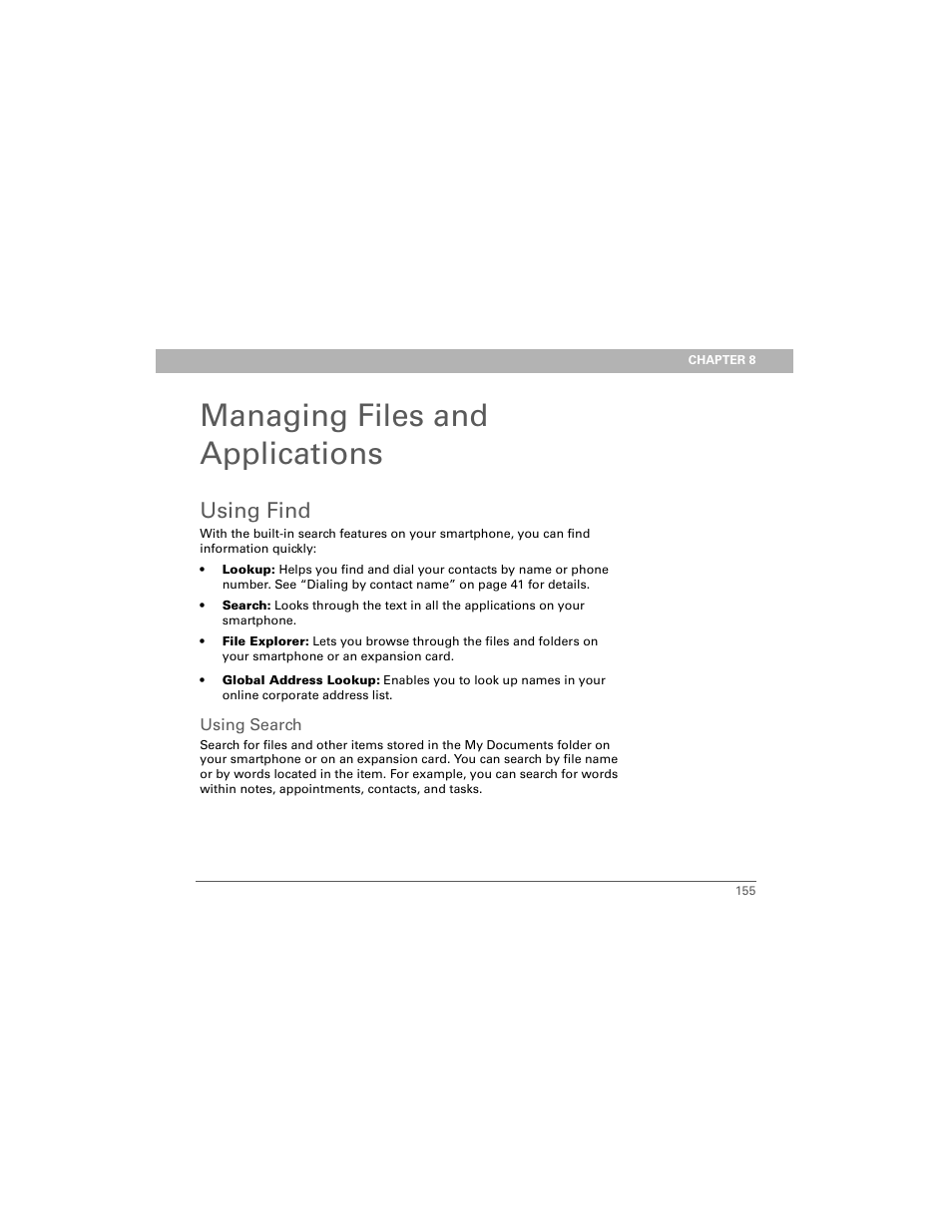 Managing files and applications, Using find, Using search | Chapter 8: managing files and applications | Palm Treo 700w User Manual | Page 163 / 290