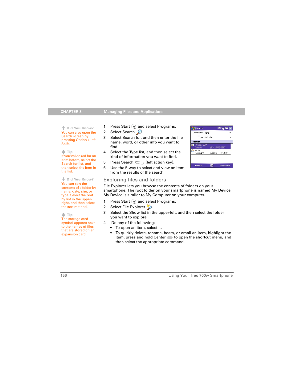 Exploring files and folders | Palm Treo 700w User Manual | Page 164 / 290