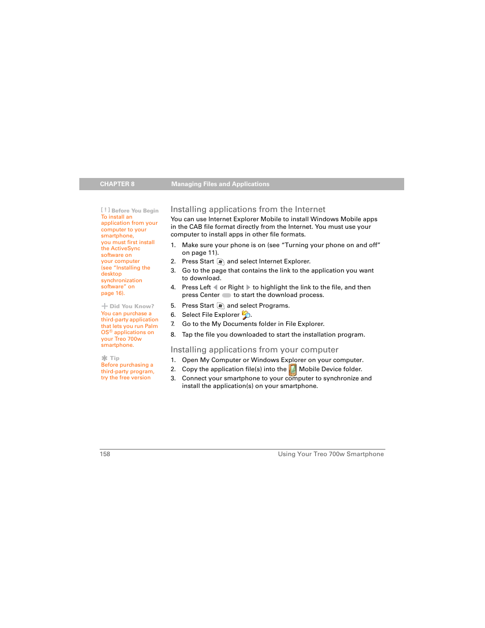 Installing applications from the internet, Installing applications from your computer | Palm Treo 700w User Manual | Page 166 / 290