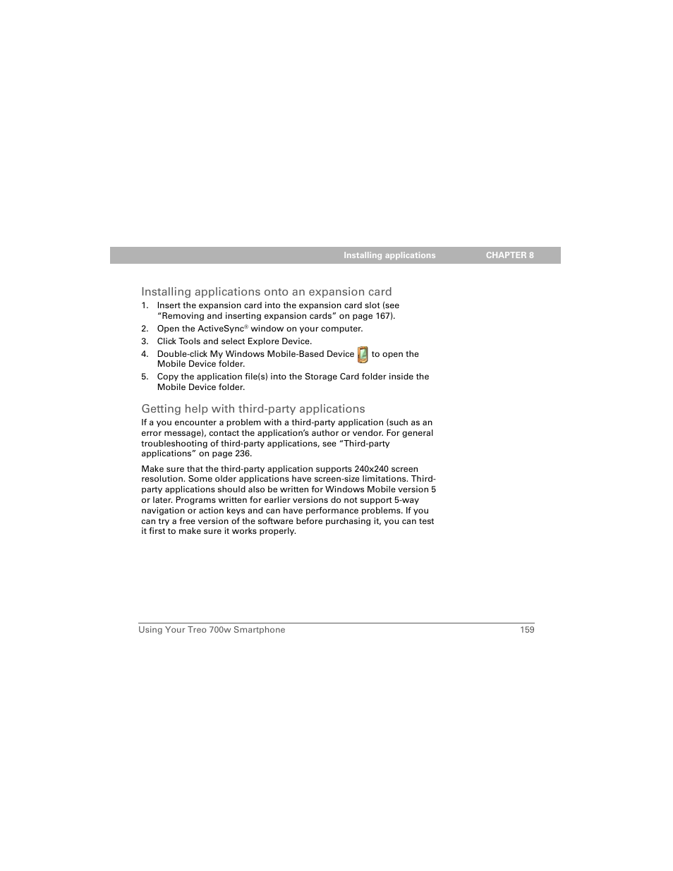 Installing applications onto an expansion card, Getting help with third-party applications | Palm Treo 700w User Manual | Page 167 / 290