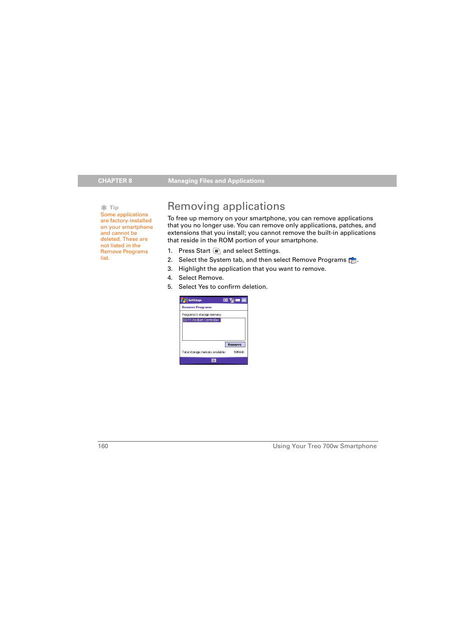Removing applications | Palm Treo 700w User Manual | Page 168 / 290