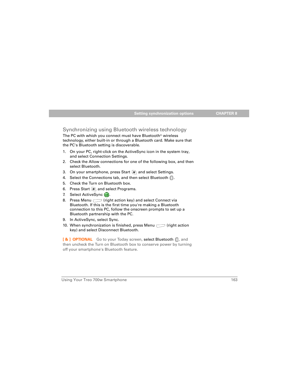 Synchronizing using bluetooth wireless technology | Palm Treo 700w User Manual | Page 171 / 290