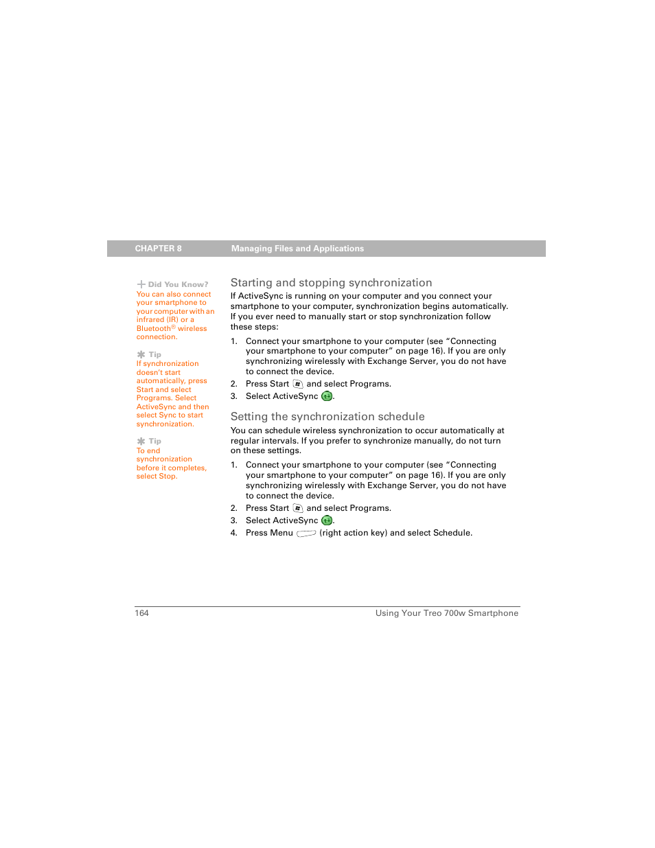 Starting and stopping synchronization, Setting the synchronization schedule | Palm Treo 700w User Manual | Page 172 / 290