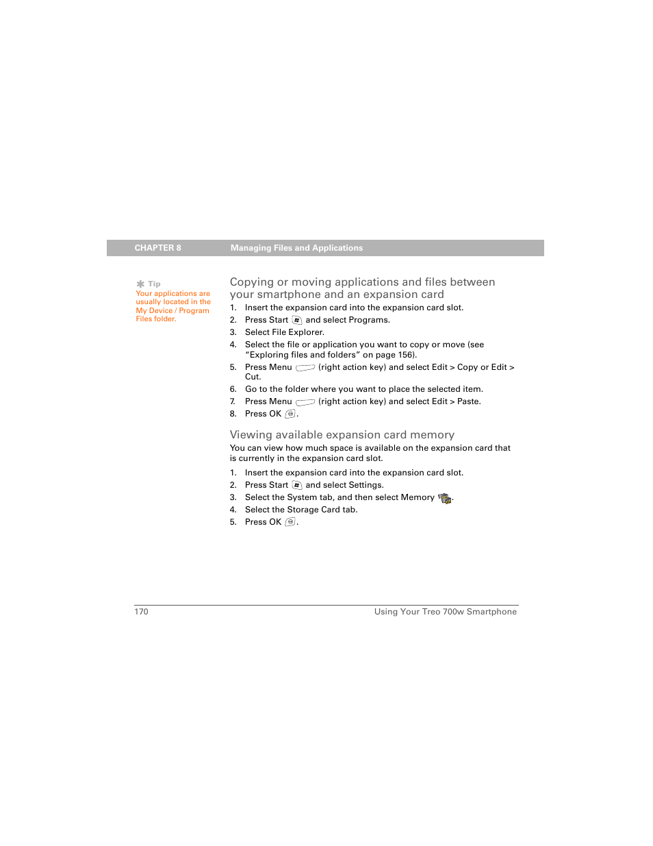 Viewing available expansion card memory | Palm Treo 700w User Manual | Page 178 / 290