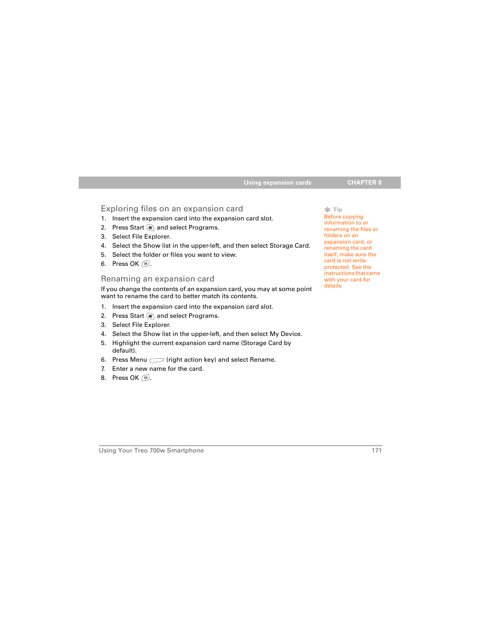 Exploring files on an expansion card, Renaming an expansion card | Palm Treo 700w User Manual | Page 179 / 290