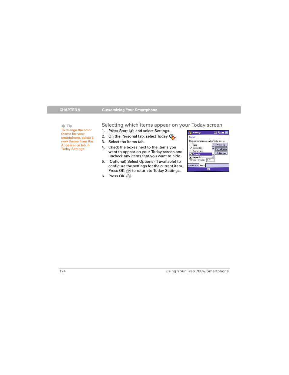 Selecting which items appear on your today screen | Palm Treo 700w User Manual | Page 182 / 290