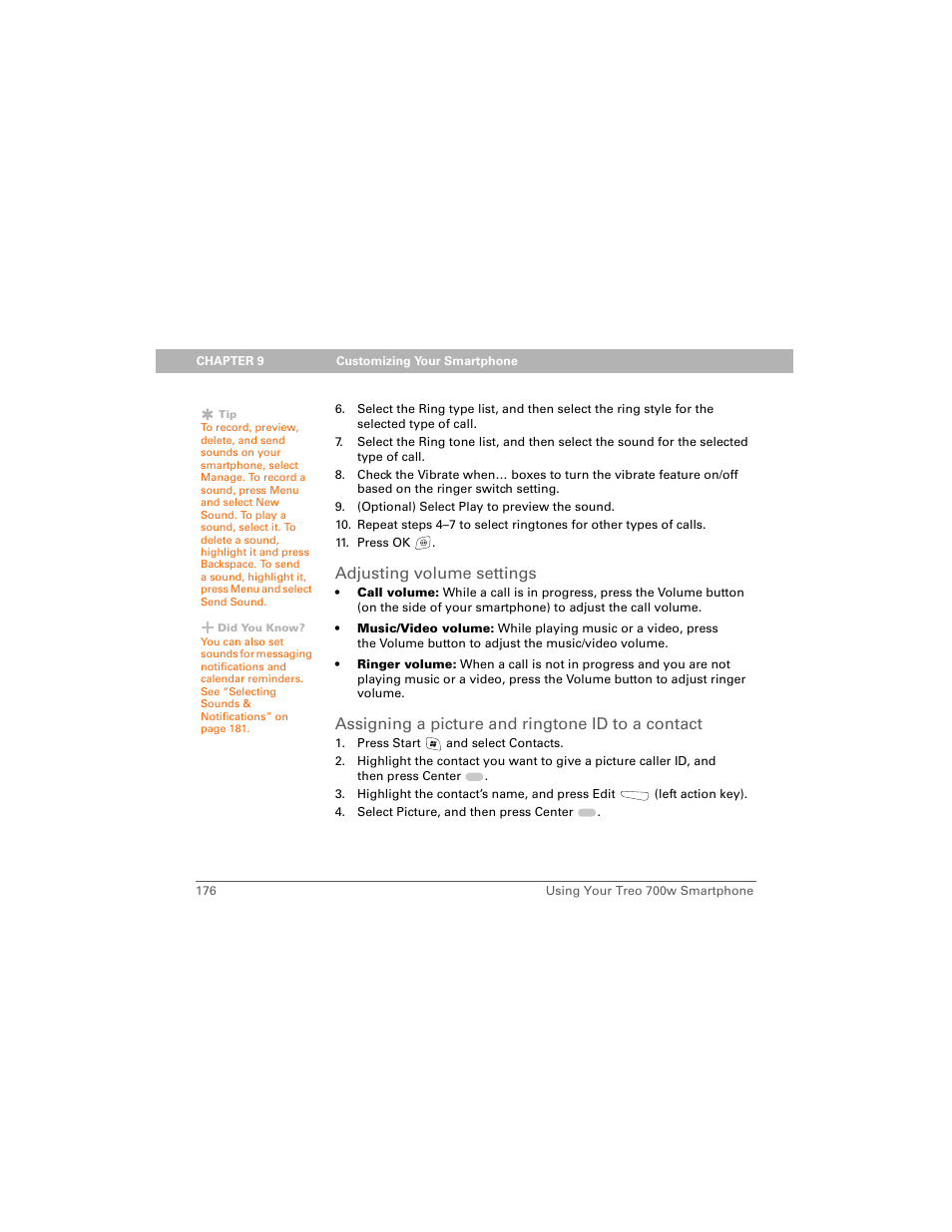 Adjusting volume settings, Assigning a picture and ringtone id to a contact | Palm Treo 700w User Manual | Page 184 / 290