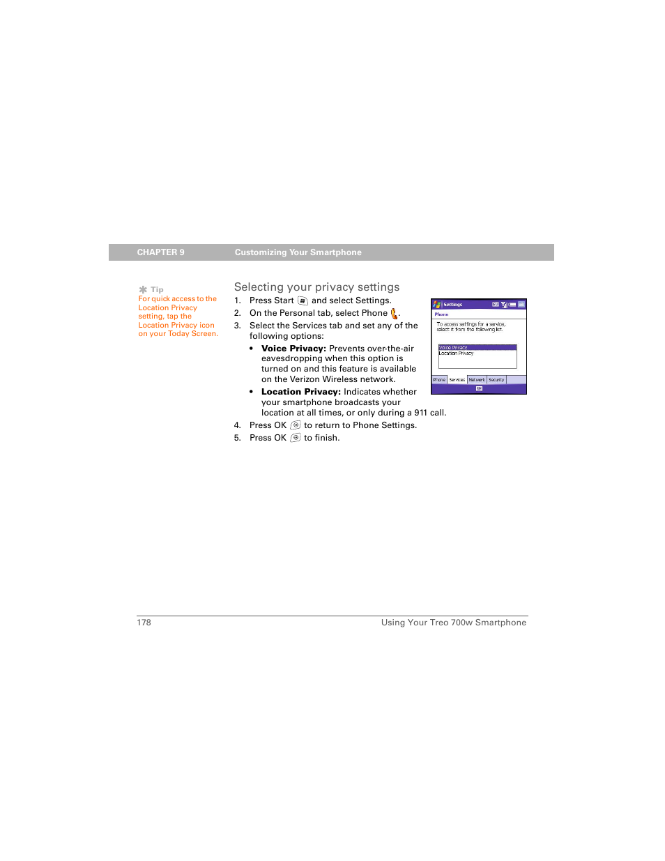 Selecting your privacy settings | Palm Treo 700w User Manual | Page 186 / 290