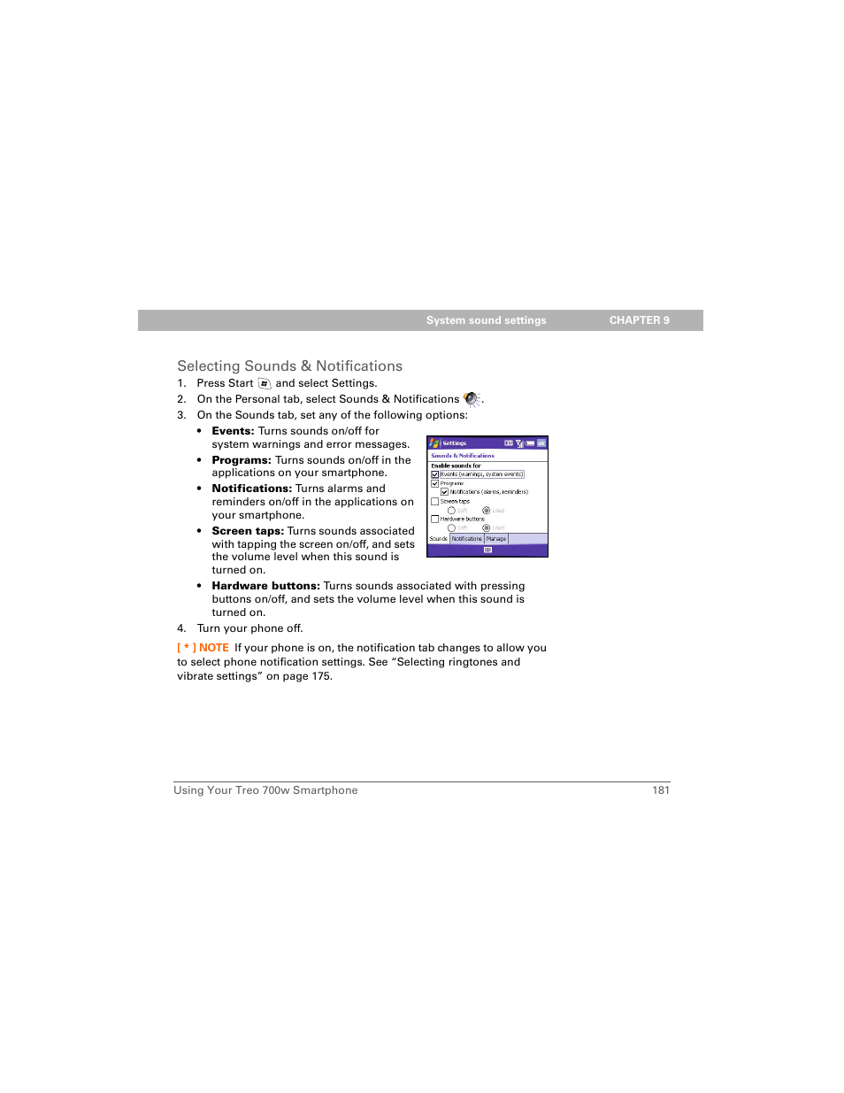 Selecting sounds & notifications | Palm Treo 700w User Manual | Page 189 / 290