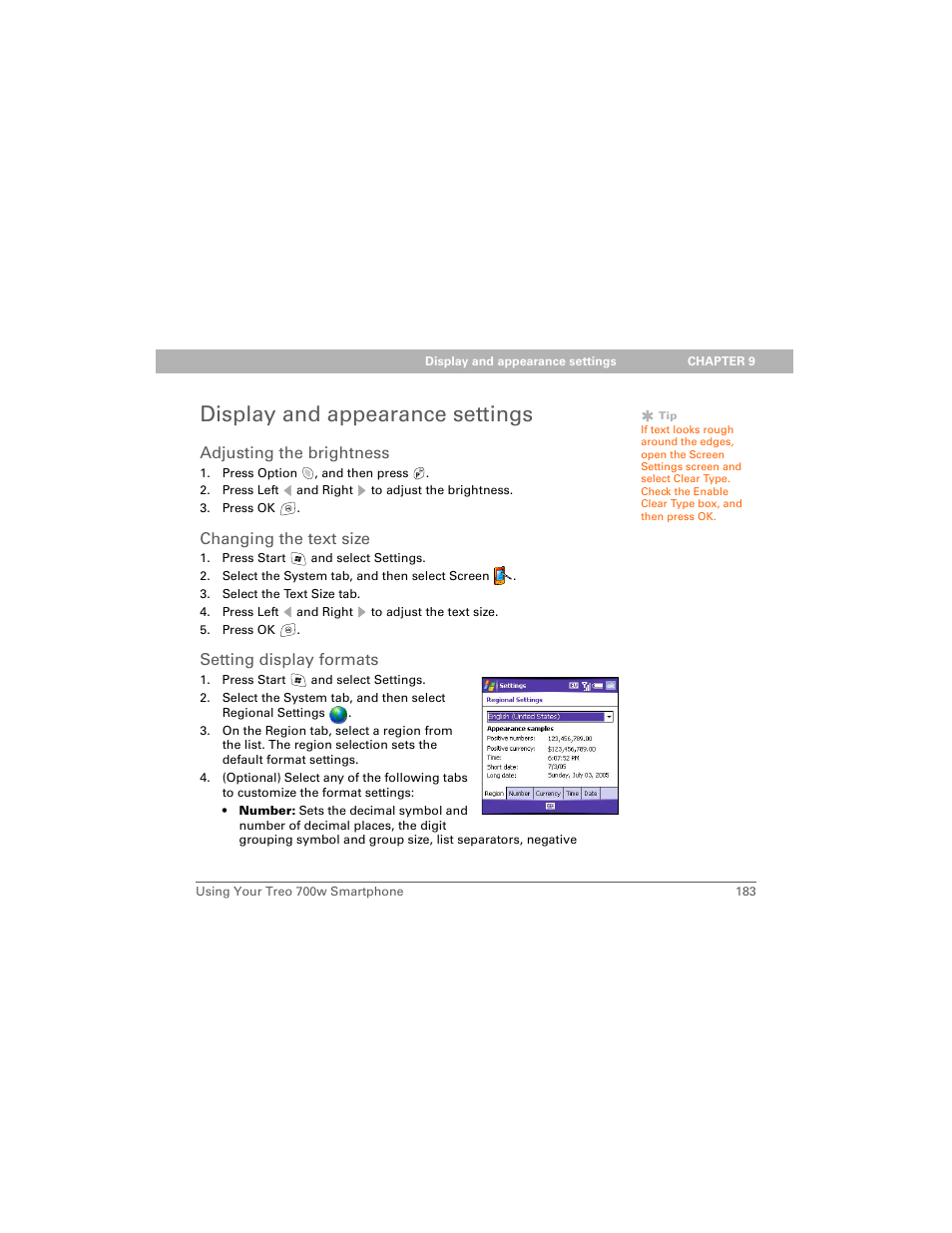 Display and appearance settings, Adjusting the brightness, Changing the text size | Setting display formats | Palm Treo 700w User Manual | Page 191 / 290