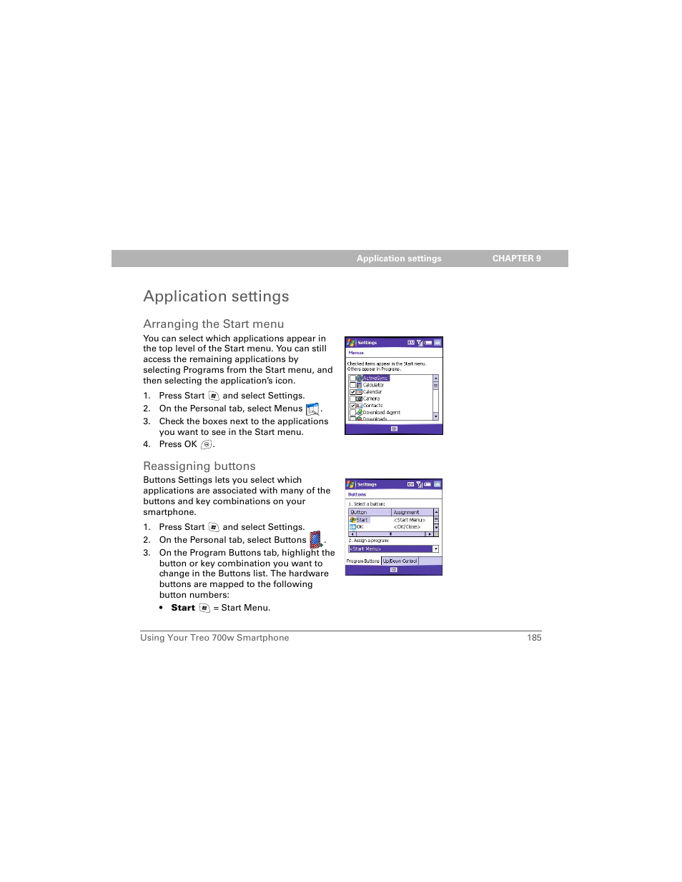 Application settings, Arranging the start menu, Reassigning buttons | Palm Treo 700w User Manual | Page 193 / 290