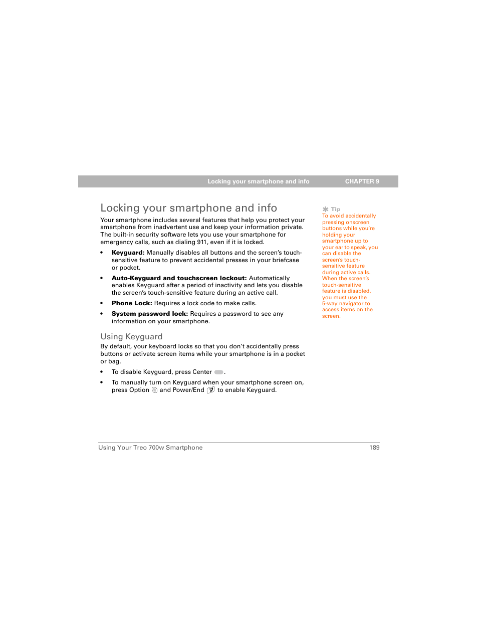 Locking your smartphone and info, Using keyguard | Palm Treo 700w User Manual | Page 197 / 290