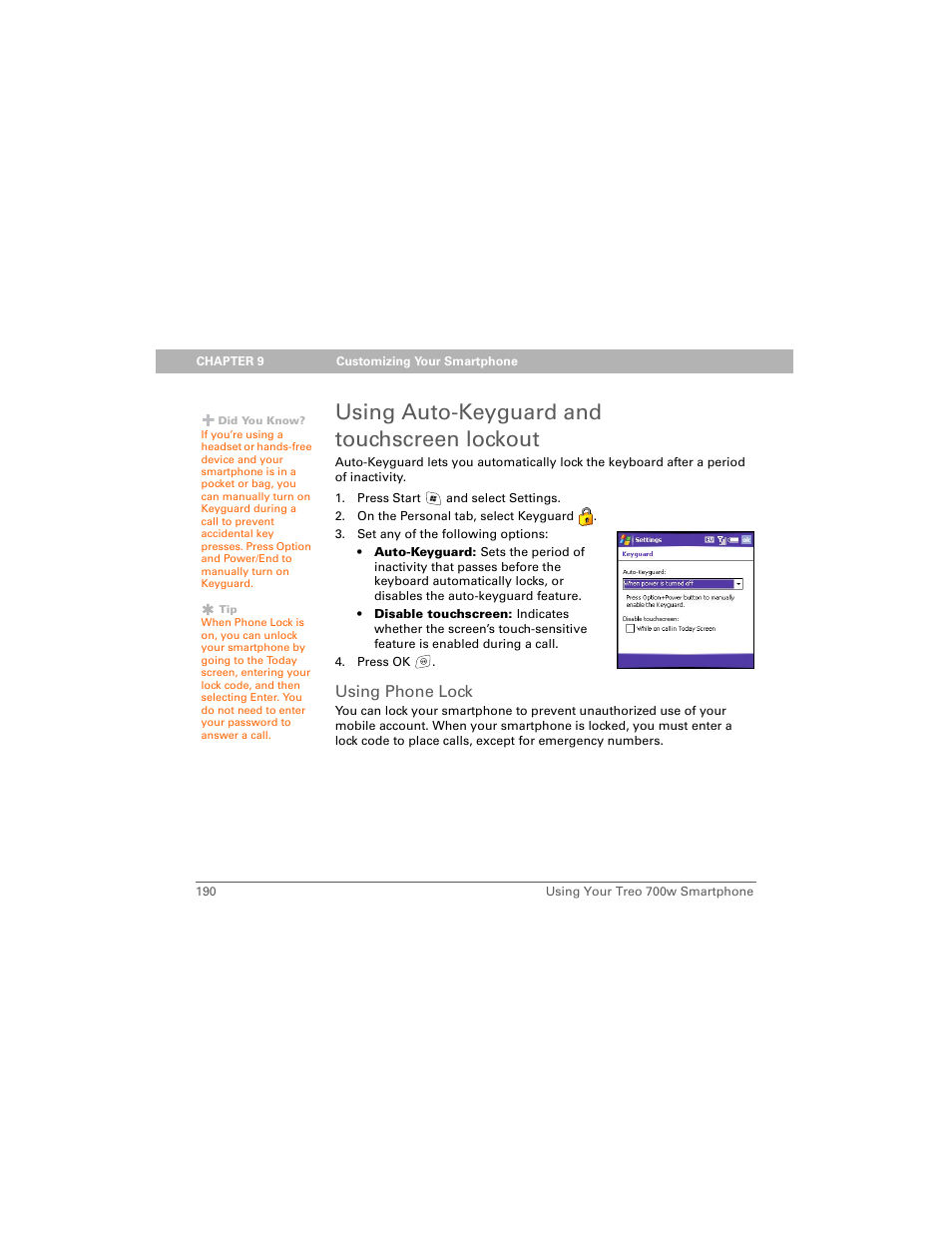 Using auto-keyguard and touchscreen lockout, Using phone lock | Palm Treo 700w User Manual | Page 198 / 290