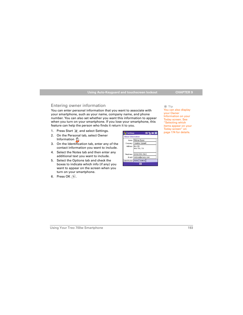 Entering owner information | Palm Treo 700w User Manual | Page 201 / 290