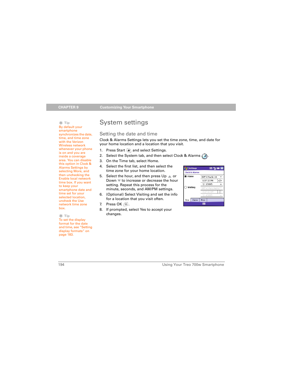System settings, Setting the date and time | Palm Treo 700w User Manual | Page 202 / 290