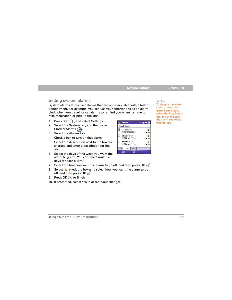 Setting system alarms | Palm Treo 700w User Manual | Page 203 / 290