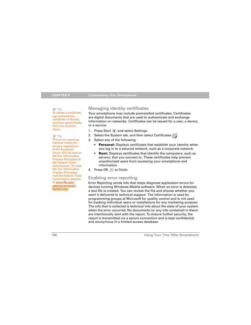 Managing identity certificates, Enabling error reporting | Palm Treo 700w User Manual | Page 204 / 290