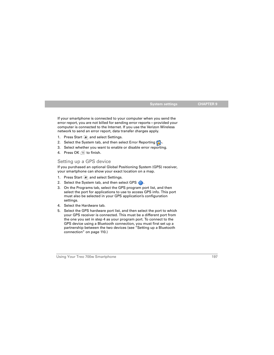 Setting up a gps device | Palm Treo 700w User Manual | Page 205 / 290