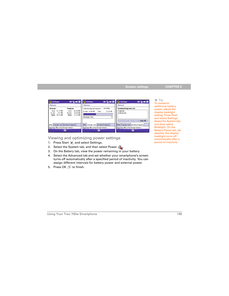 Viewing and optimizing power settings | Palm Treo 700w User Manual | Page 207 / 290