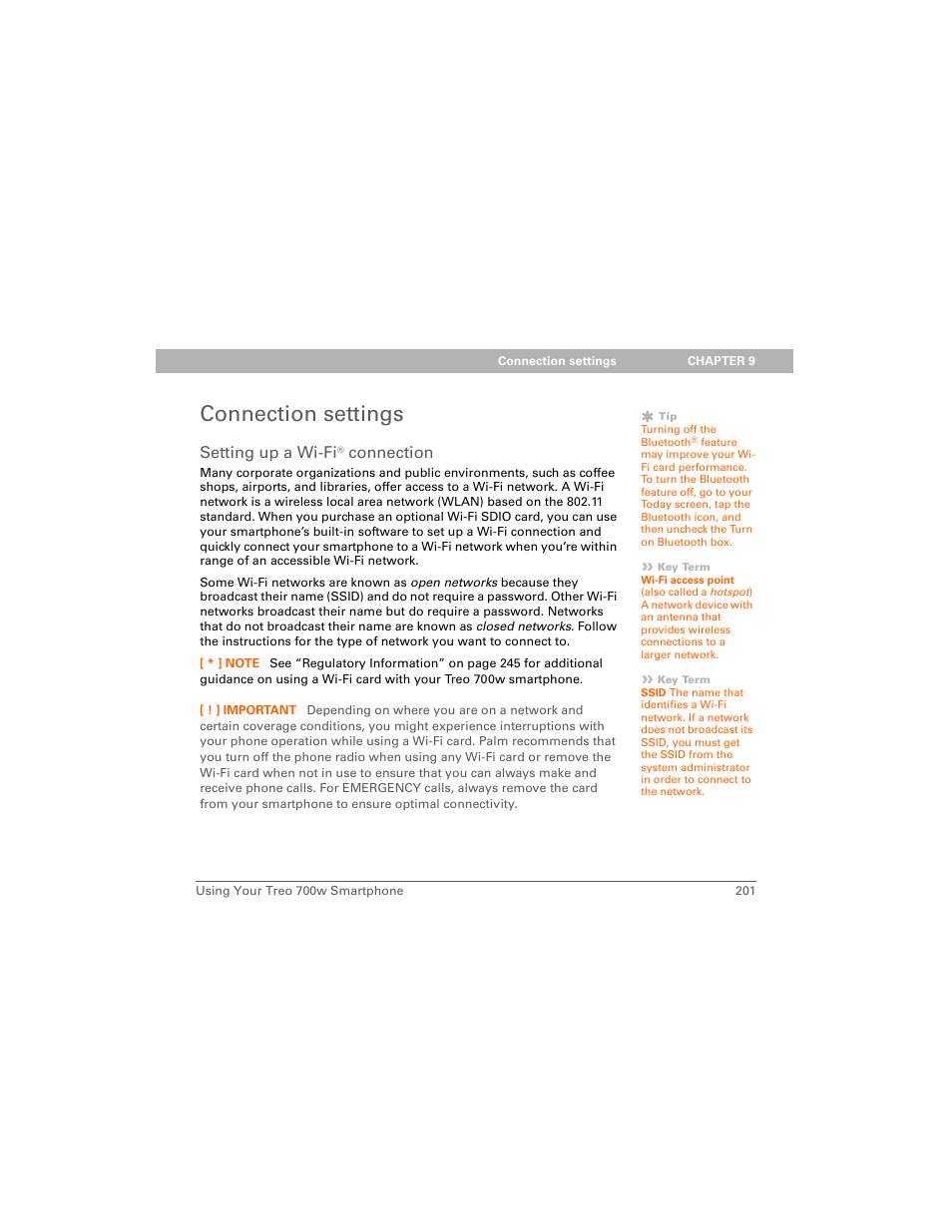Connection settings, Setting up a wi-fi® connection, Setting up a wi-fi | Connection | Palm Treo 700w User Manual | Page 209 / 290