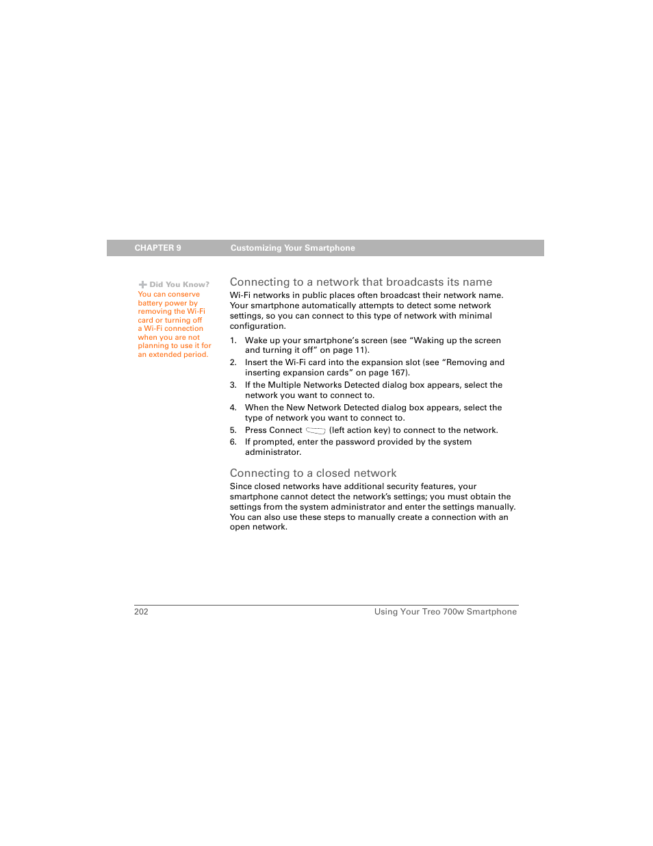 Connecting to a network that broadcasts its name, Connecting to a closed network | Palm Treo 700w User Manual | Page 210 / 290