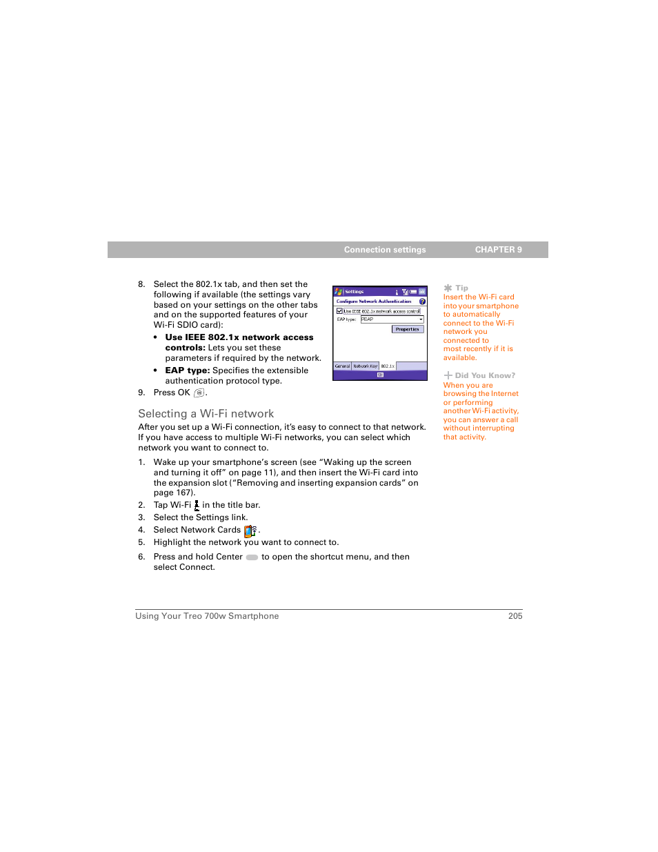 Selecting a wi-fi network | Palm Treo 700w User Manual | Page 213 / 290