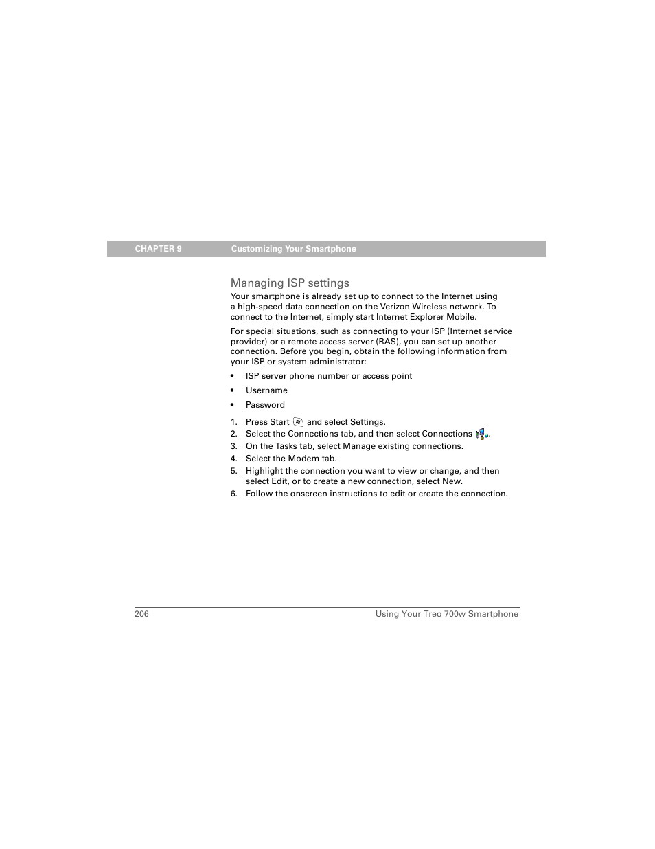 Managing isp settings | Palm Treo 700w User Manual | Page 214 / 290